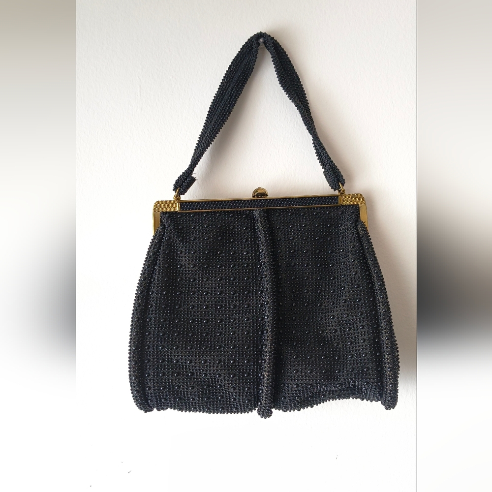 Petite-Bead Black Micro Bead Mid-Century Cocktail Bag Gold Tone Hardware